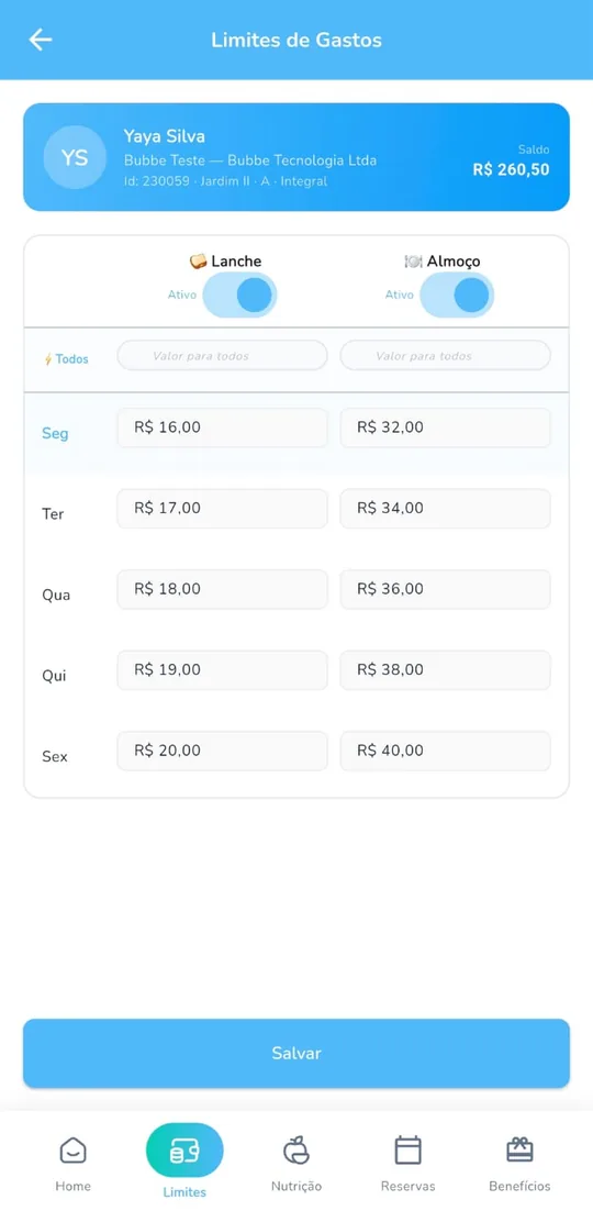 Tela de limites de gastos do app Bubbe, com valores de lanche e almoço para cada dia da semana.