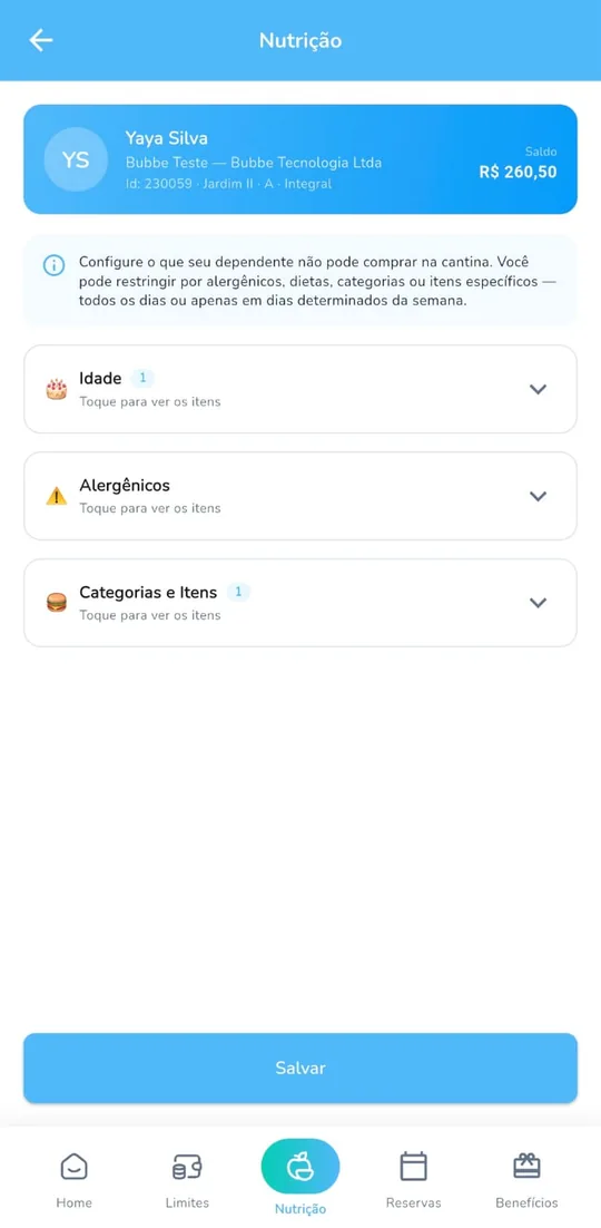 Tela de nutrição do app Bubbe, com as restrições por idade, alergênicos e categorias.