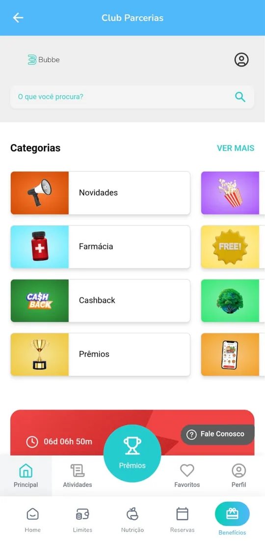 Tela do clube de benefícios do app Bubbe, com as categorias de parceiros.