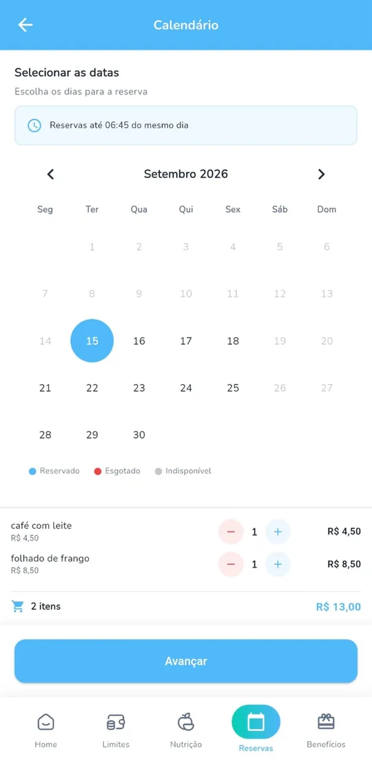 Calendário de reservas do app Bubbe, com os dias selecionados e os itens do pedido.