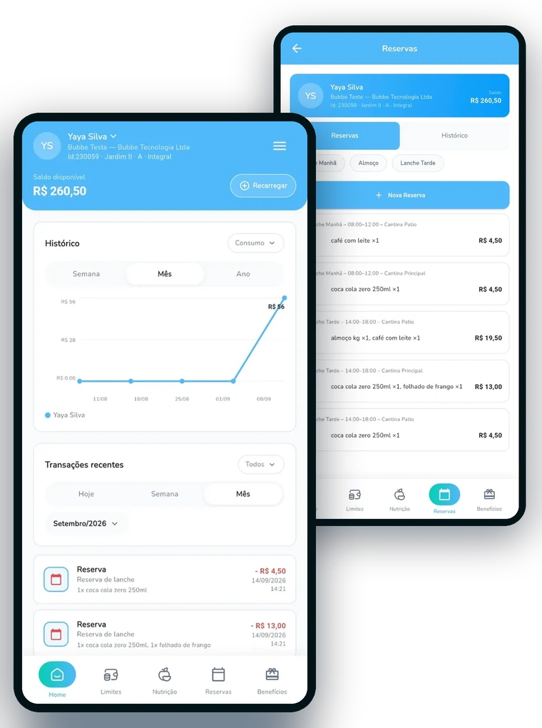 Duas telas do app Bubbe: o saldo com o extrato de consumo e a lista de reservas.