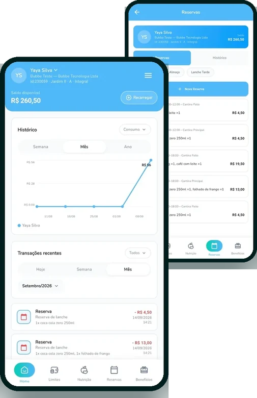 Duas telas do app Bubbe: saldo com extrato e reservas.