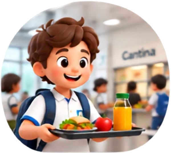 Aluno segurando a bandeja do almoço na cantina.