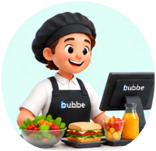 Cozinheiro da cantina atrás do balcão, com um PDV da Bubbe ao lado.