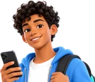 Aluno adolescente com mochila olhando o app Bubbe no celular.